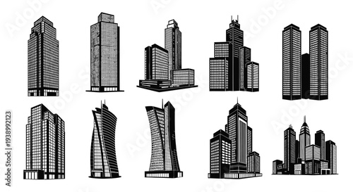 Skyscraper Architecture Buildings Black  White Line Art Vector Set for Urban Design