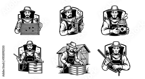 Beekeeping Industry Beekeeper Mascots with Tools Black White Line Art