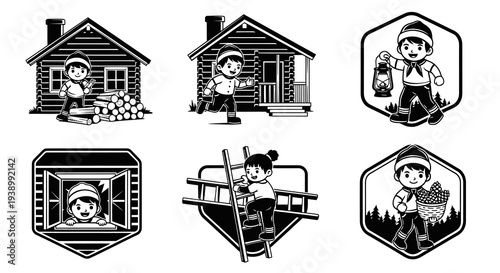 Black  White Cartoon Kids in Log Cabin  Outdoor Adventure Camping Line Art Set