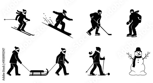 Winter Sports  Recreation Activities Black Silhouette Icons Set