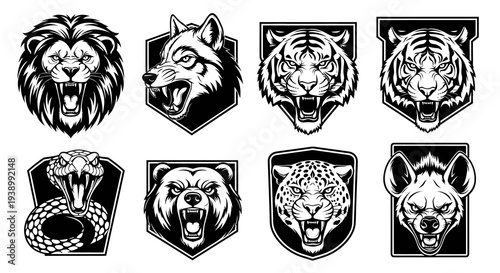 Black  White Line Art Predator Animal Head Logos for Sports and Gaming Mascots