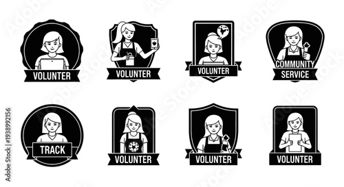 Black and White Glyph Female Volunteer Icons Set for Charity  Community Service