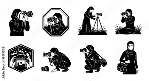 Black  White Glyph Female Muslim Photographer Silhouettes with Cameras Vector Set