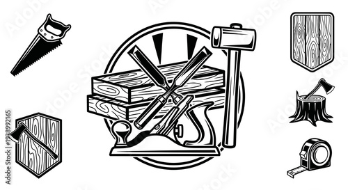 Woodworking Carpentry Tools and Wood Elements Black and White Line Art Icon Set