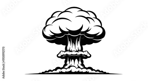 Military Atomic Bomb Blast Mushroom Cloud Black and White Vector Illustration