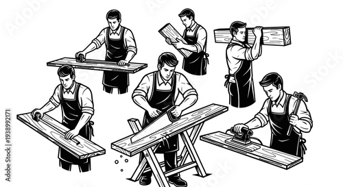 Carpentry Craftsmen Woodworkers with Tools - Black and White Line Art Illustration