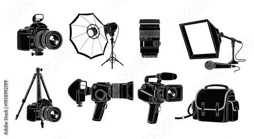 Photography  Videography Studio Equipment Black  White Vector Icons Set