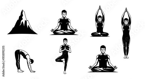 Stylized Black  White Graphic Art: Yoga Poses  Mountain Symbol for Health  Wellness