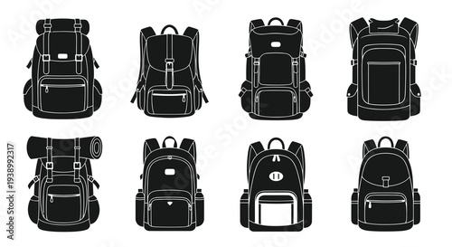 Outdoor and Travel Backpacks Glyph Icons Set - Flat Black and White Vector