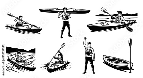 Kayaking Sports Black  White Line Art Illustrations Set with Kayakers and Kayaks