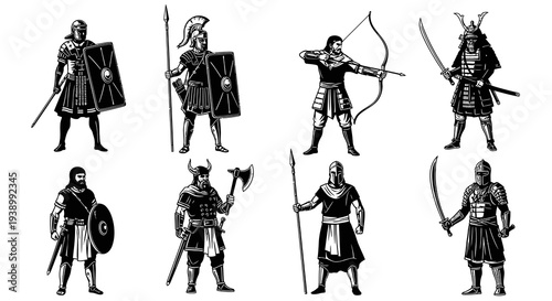 Historical Warriors Monochrome Line Art Illustration Set - Ancient Military Figures