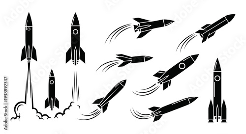 Technology  Space Exploration Rocket Launch Black and White Glyph Icons Set