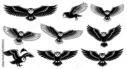 Nature Wildlife Flying Owls Vector Set - Black and White Line Art Bird Illustrations