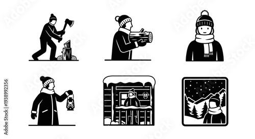 Winter Outdoor People  Woodsman Activities Monochrome Glyph Icons Set