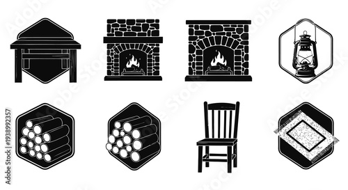 Rustic Home  Winter Comfort Black  White Vector Icons - Fireplace, Logs, Lantern, Chair, Rug