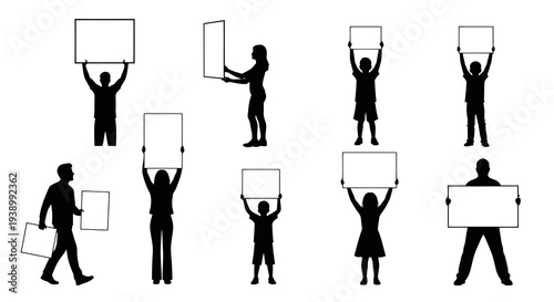 Communication  Message Display Vector Silhouettes: Diverse People Holding Blank Signs