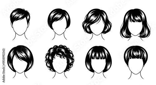 Beauty Fashion Female Hairstyles Black  White Line Art Vector Icons Set