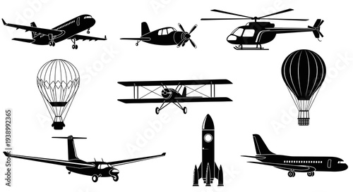 Aviation Air Transport Black  White Silhouette Icons Set