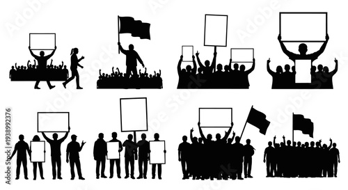 Activism Protest Silhouettes Vector Illustration Set with Signs  Flags