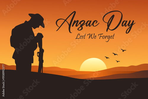 ANZAC Day remembrance background with silhouette soldier and rifle at sunset landscape with text Lest We Forget. Commemorative design honoring fallen soldiers of Australia and New Zealand.