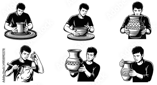 Black  White Vector Art of Artisan Potter Making Ceramic Vases and Jars