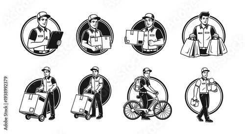 Black  White Line Art Delivery Service Men Courier Logistics Vector Set