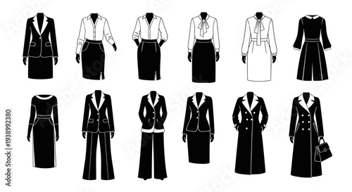 Business Women Professional Clothing Attire Outfits Set Black White Line Art Silhouettes
