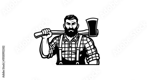 Logging Industry Bearded Lumberjack Woodsman with Axe Black and White Vector Illustration