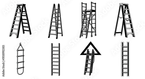 Various Ladders Construction and DIY Black  White Line Art Icon Set