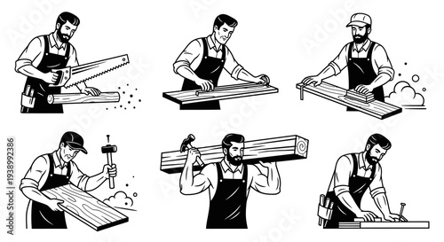 Black  White Line Art: Carpenters and Woodworkers with Tools, Lumber, and Wood