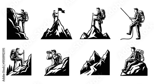 Monochrome Mountain Climbing  Hiking Vector Icons Set - Outdoor Adventure Badges