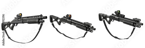 Canvastavla Modern tactical pump-action shotguns with accessories isolated on white
