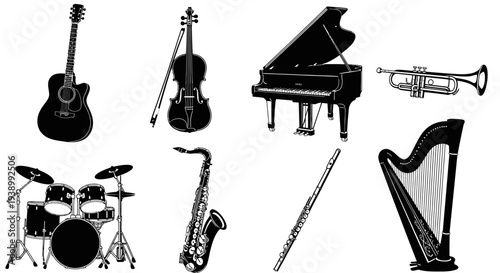 Music Industry Monochromatic Vector Art: Collection of Musical Instruments