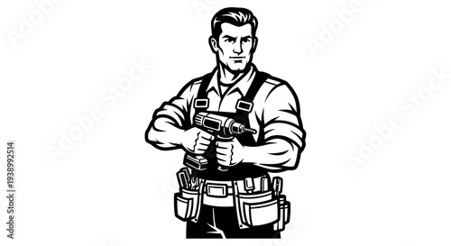 Tradesman Worker Man Holding Power Drill in Black  White Retro Line Art Illustration