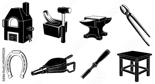 Traditional Blacksmithing Tools and Equipment Icons Set in Black  White Glyph Style