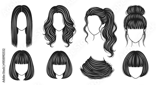 Fashion  Beauty: Diverse Women's Hairstyles Black and White Line Art Vector Set