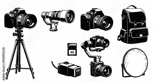 Professional Photography  Videography Camera Gear - Black  White Line Art Set