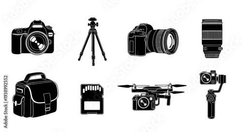 Photography and Videography Gear Black and White Silhouette Icons Set