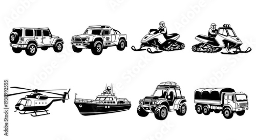 Transportation Vehicles Line Art Icons: Off-Road SUV, Truck, Snowmobile, Helicopter  Yacht