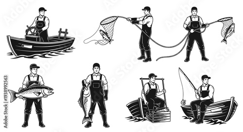 Vintage Fishing Black and White Line Art: Fisherman, Boat, Net, Rod, and Fresh Catch