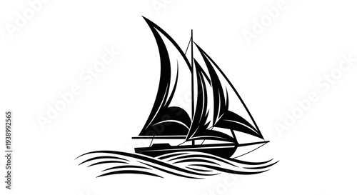 Stylized Black  White Silhouette Sailboat for Nautical Sailing and Marine Design