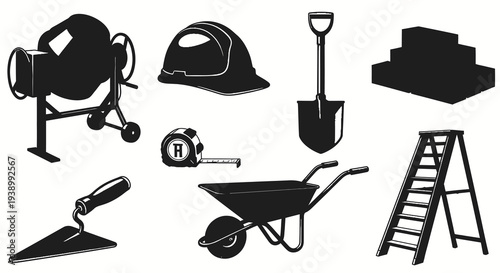 Black  White Construction Tools and Building Equipment Line Art Vector Set