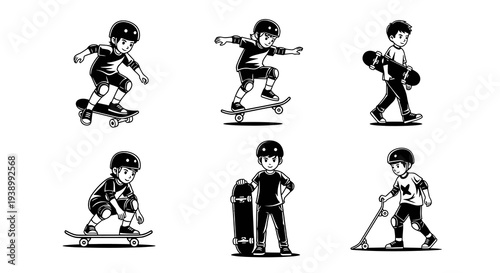 Skateboarding Boys Black  White Line Art Cartoon Set - Youth Sports  Recreation
