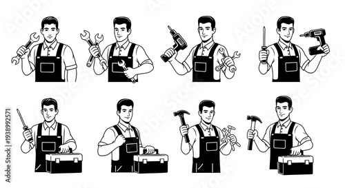 Black and White Line Art Illustration: Handyman Worker with Construction  Repair Tools
