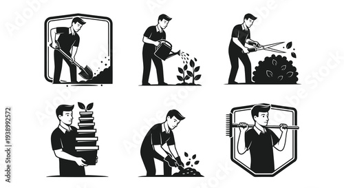 Gardening  Landscaping Worker with Tools Black and White Graphic Vector Illustrations Set