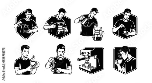 Coffee Barista Brewing  Drinking Methods Black White Line Art Vector Icons Set