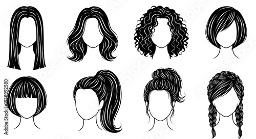 Beauty and Fashion Industry: Diverse Woman Hairstyles Black  White Line Art Vector Set