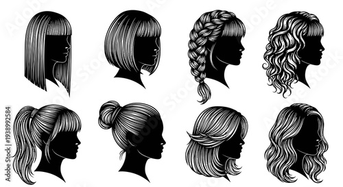 Fashion  Beauty Haircare: Collection of Women's Hairstyles Black and White Line Art Silhouettes