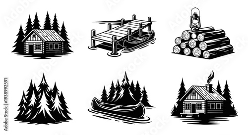 Vintage Black  White Outdoor Adventure and Camping Elements Illustration Set