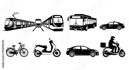 Transportation Vehicles Black  White Vector Icons Set - Urban Mobility